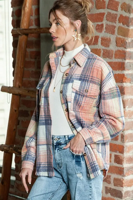 Pink Cream Plaid Checker Button-Down Shacket