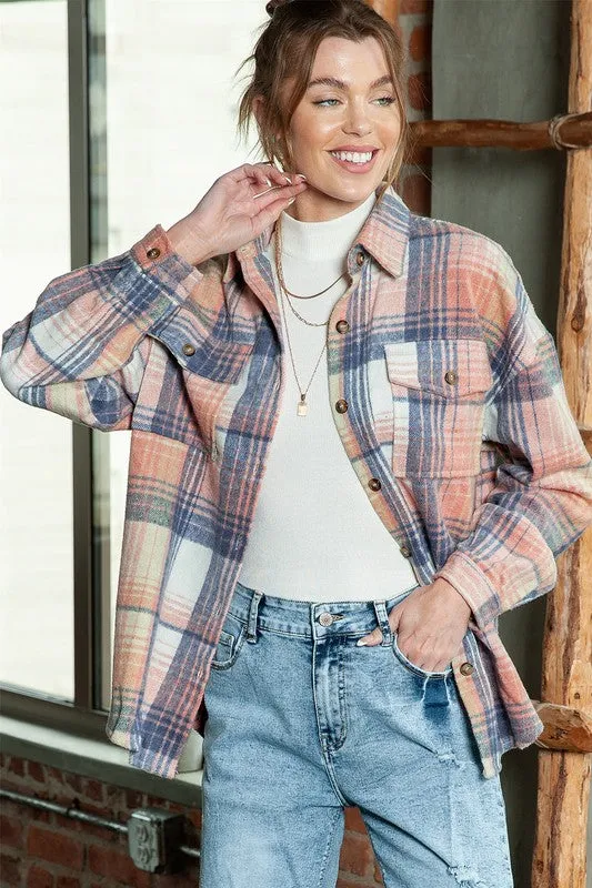 Pink Cream Plaid Checker Button-Down Shacket