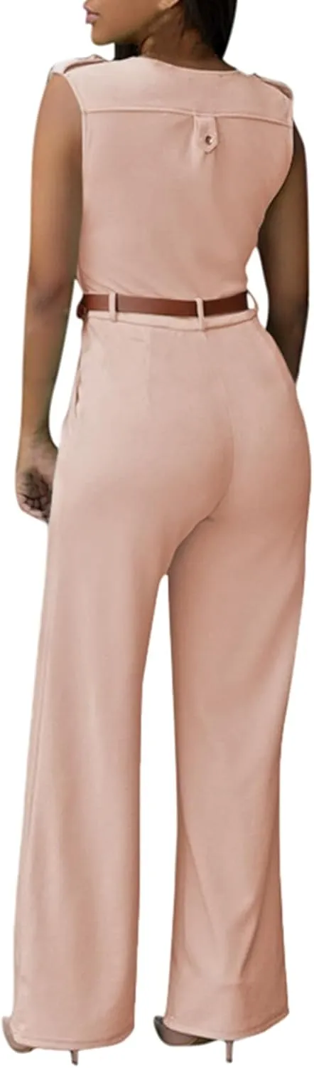 Pink Queen Jumpsuits for Women Dressy V Neck Sleeveless Wide Leg Long Pants Rompers
