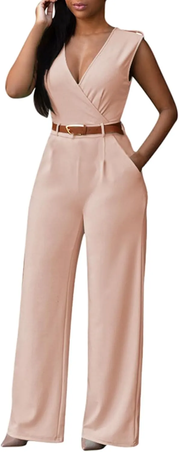 Pink Queen Jumpsuits for Women Dressy V Neck Sleeveless Wide Leg Long Pants Rompers