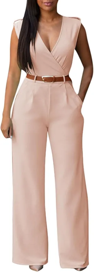 Pink Queen Jumpsuits for Women Dressy V Neck Sleeveless Wide Leg Long Pants Rompers