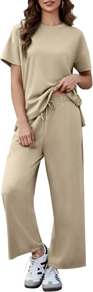 PINSPARK 2 Piece Sets for Women Soft Short Sleeve Matching Lounge Set Wide Leg Pants Tracksuit Travel Summer Outfits 2025