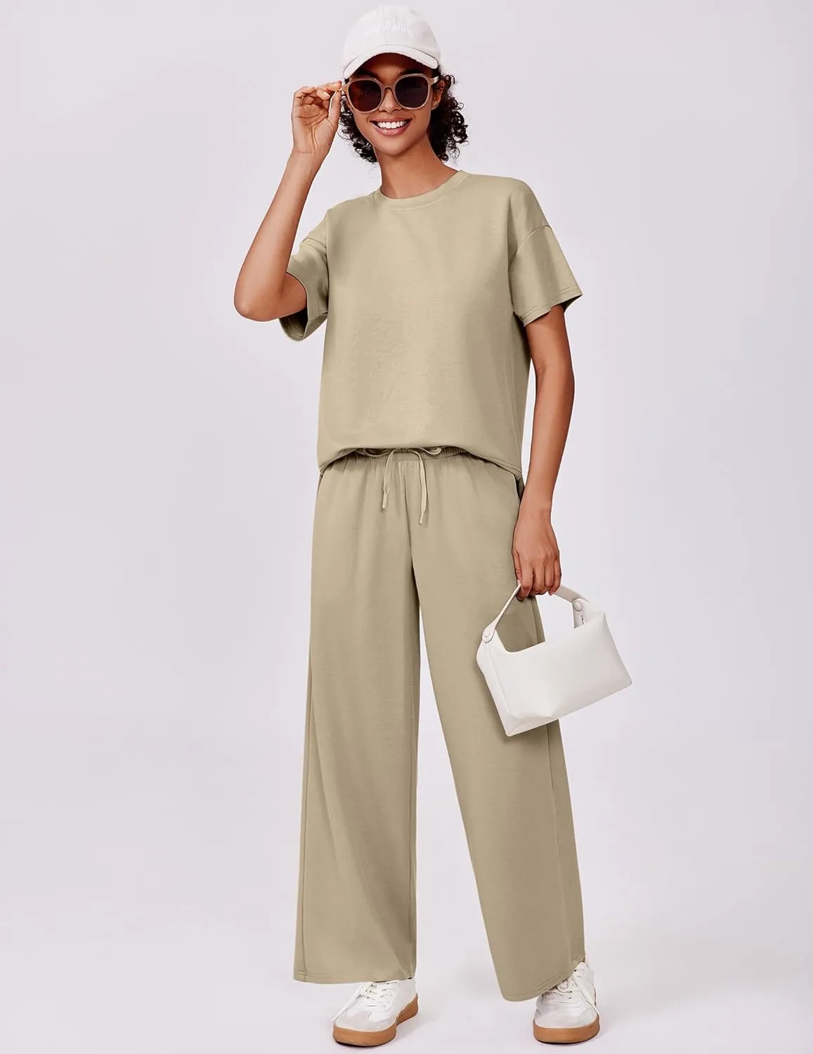 PINSPARK 2 Piece Sets for Women Soft Short Sleeve Matching Lounge Set Wide Leg Pants Tracksuit Travel Summer Outfits 2025