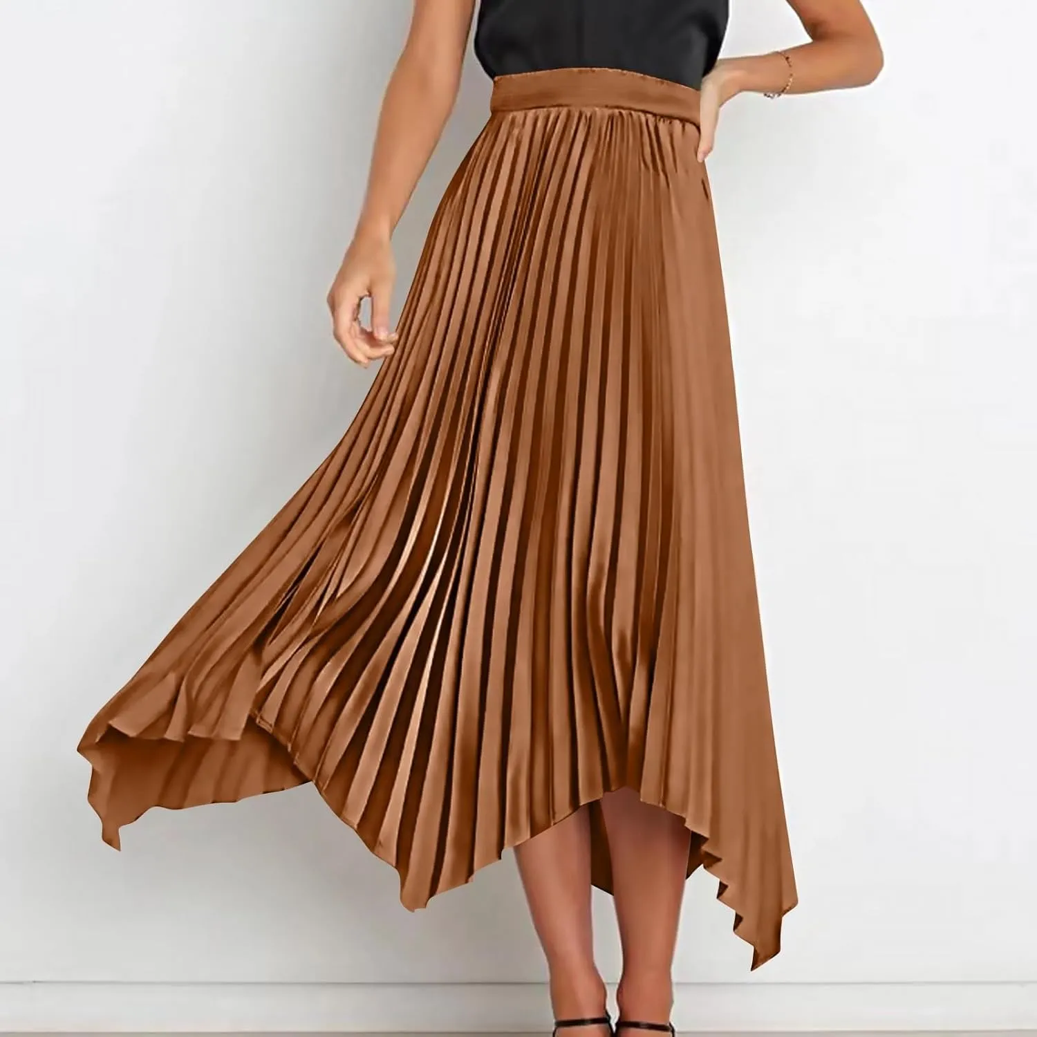 Pleated Skirts for Women Summer Casual Flowy Satin Asymmetrical Elastic High Waisted Cocktail Work A Line Midi Skirts