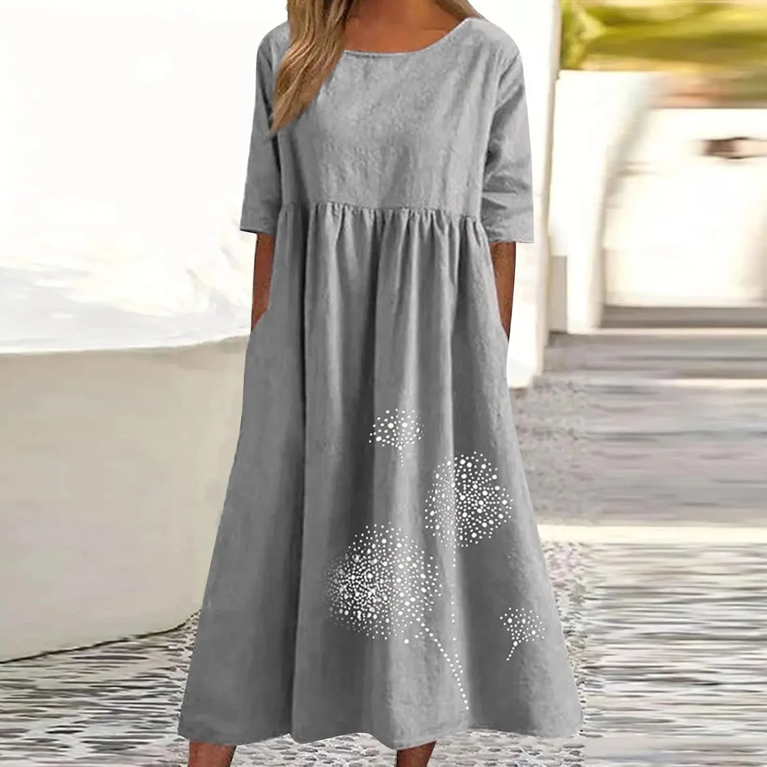 Plus Size Cotton Linen Dresses for Women Casual Summer Short Sleeve Crewneck Shirt Dress Loose Flowy Long Dress