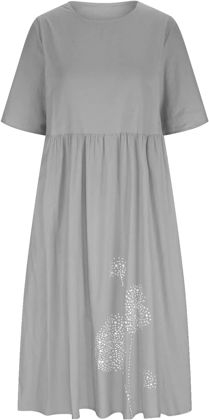 Plus Size Cotton Linen Dresses for Women Casual Summer Short Sleeve Crewneck Shirt Dress Loose Flowy Long Dress