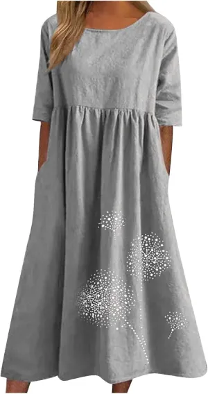 Plus Size Cotton Linen Dresses for Women Casual Summer Short Sleeve Crewneck Shirt Dress Loose Flowy Long Dress