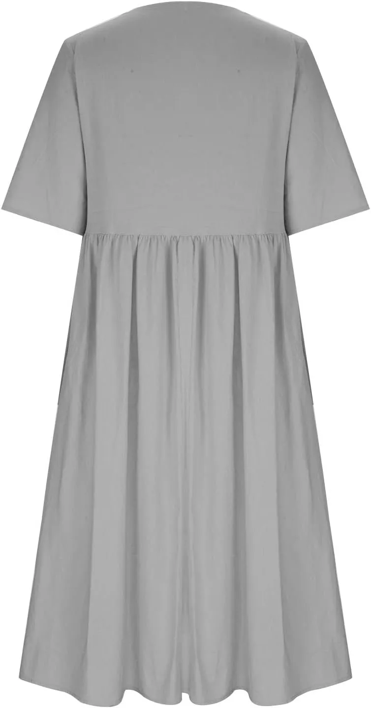 Plus Size Cotton Linen Dresses for Women Casual Summer Short Sleeve Crewneck Shirt Dress Loose Flowy Long Dress
