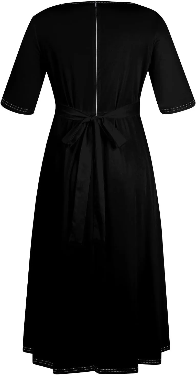 Plus Size Dresses for Curvy Women Solid Crew Neck 3/4 Sleeve Straps Big Hem Maxi Smocked Dresses
