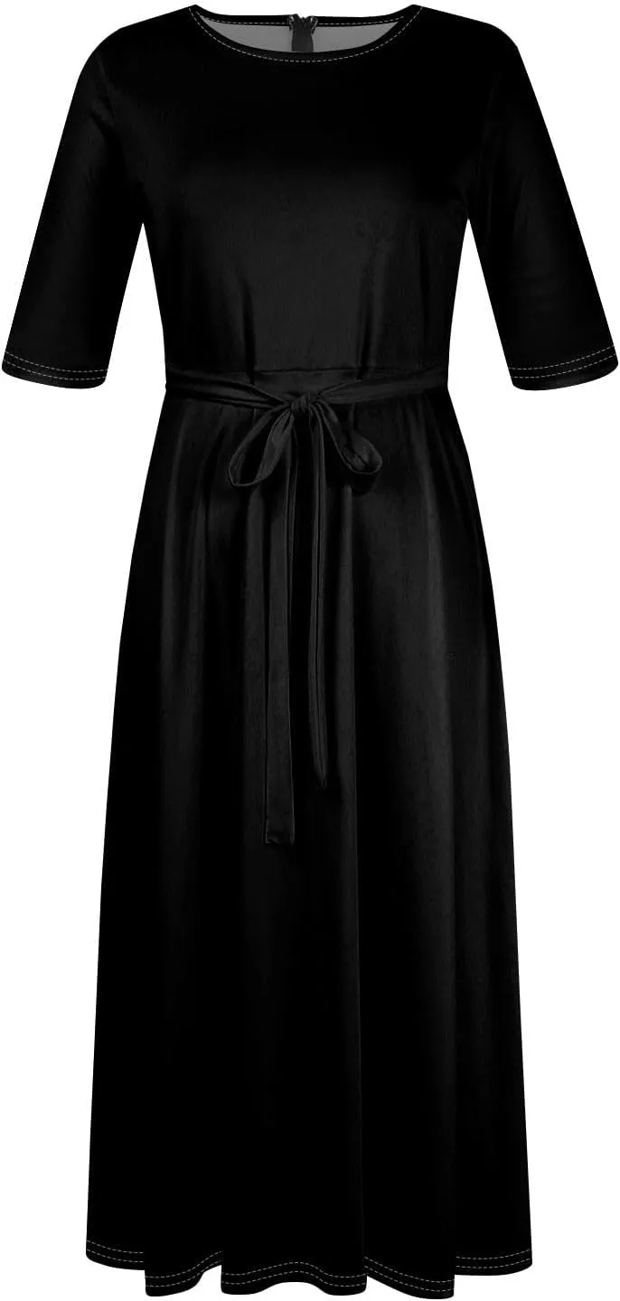 Plus Size Dresses for Curvy Women Solid Crew Neck 3/4 Sleeve Straps Big Hem Maxi Smocked Dresses