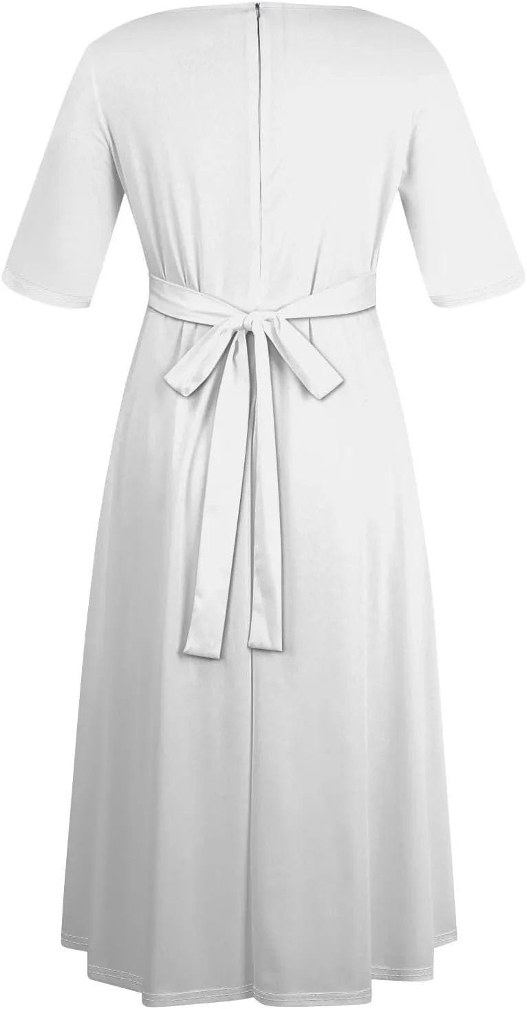 Plus Size Dresses for Curvy Women Solid Crew Neck 3/4 Sleeve Straps Big Hem Maxi Smocked Dresses