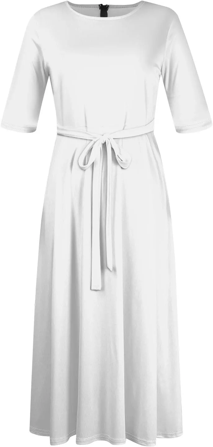 Plus Size Dresses for Curvy Women Solid Crew Neck 3/4 Sleeve Straps Big Hem Maxi Smocked Dresses