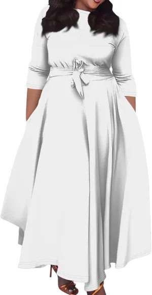 Plus Size Dresses for Curvy Women Solid Crew Neck 3/4 Sleeve Straps Big Hem Maxi Smocked Dresses