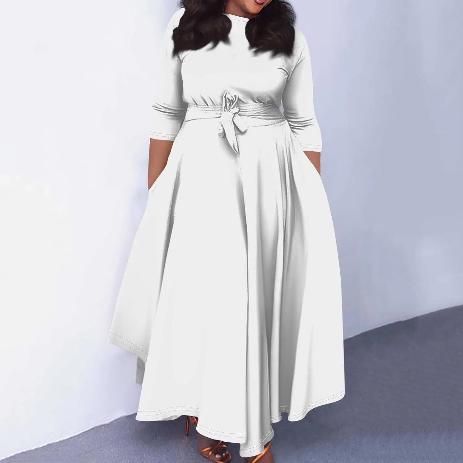 Plus Size Dresses for Curvy Women Solid Crew Neck 3/4 Sleeve Straps Big Hem Maxi Smocked Dresses
