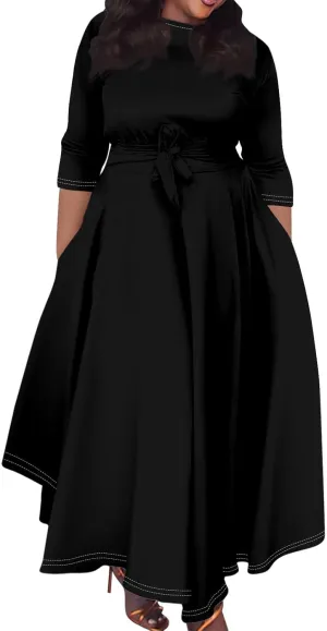 Plus Size Dresses for Curvy Women Solid Crew Neck 3/4 Sleeve Straps Big Hem Maxi Smocked Dresses
