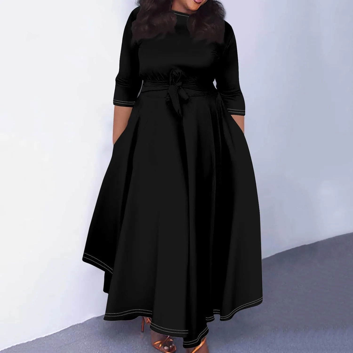 Plus Size Dresses for Curvy Women Solid Crew Neck 3/4 Sleeve Straps Big Hem Maxi Smocked Dresses