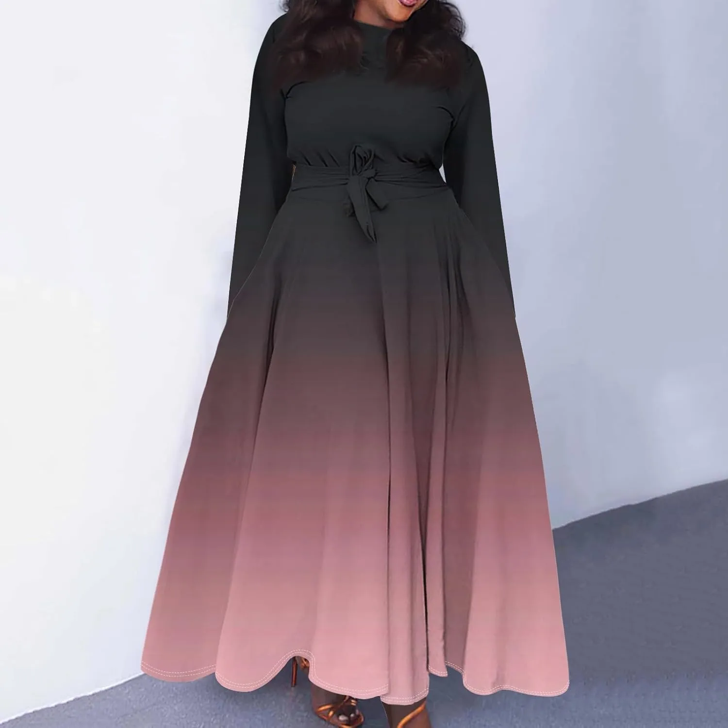 Plus Size Maxi Dresses for Curvy Women Crew Neck Long Sleeve Lace On High Wasit Maxi Dress with Pockets, XL-5XL