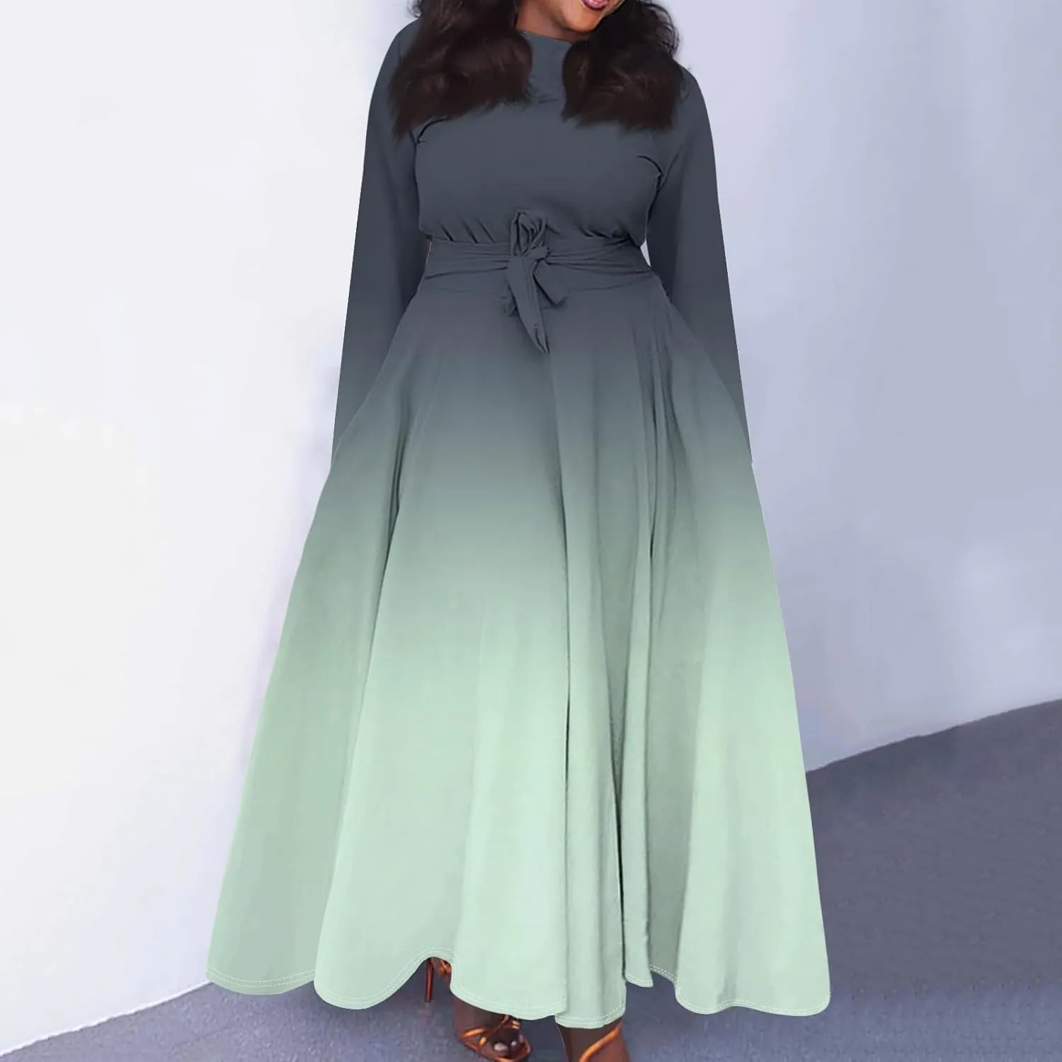 Plus Size Maxi Dresses for Curvy Women Crew Neck Long Sleeve Lace On High Wasit Maxi Dress with Pockets, XL-5XL