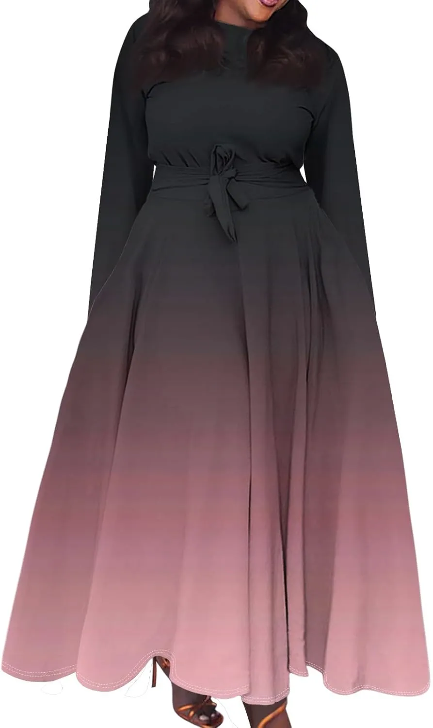 Plus Size Maxi Dresses for Curvy Women Crew Neck Long Sleeve Lace On High Wasit Maxi Dress with Pockets, XL-5XL