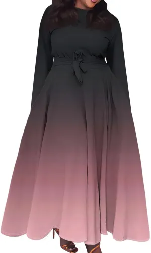 Plus Size Maxi Dresses for Curvy Women Crew Neck Long Sleeve Lace On High Wasit Maxi Dress with Pockets, XL-5XL