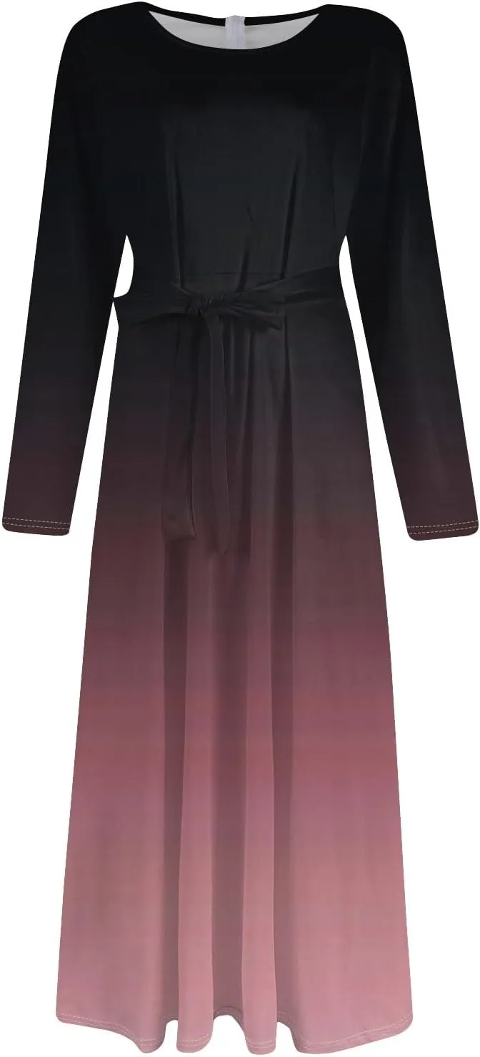 Plus Size Maxi Dresses for Curvy Women Crew Neck Long Sleeve Lace On High Wasit Maxi Dress with Pockets, XL-5XL