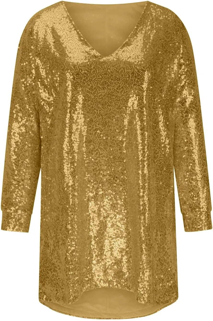 Plus Size Sequin Dress for Women Oversized Flowy Sparkly Knee Shirt Dress Glitter Ball Party Night Concert Clubwear
