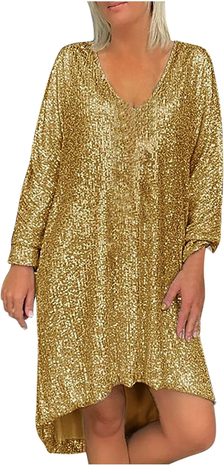 Plus Size Sequin Dress for Women Oversized Flowy Sparkly Knee Shirt Dress Glitter Ball Party Night Concert Clubwear