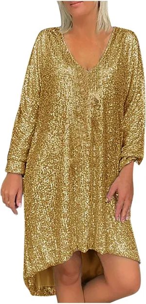 Plus Size Sequin Dress for Women Oversized Flowy Sparkly Knee Shirt Dress Glitter Ball Party Night Concert Clubwear