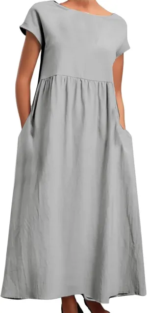 PTOLOCIF Women's Maxi Dress 2025 Summer Cotton Linen Long Dresses Solid Color Plus Size Loose T Shirt Dress with Pockets