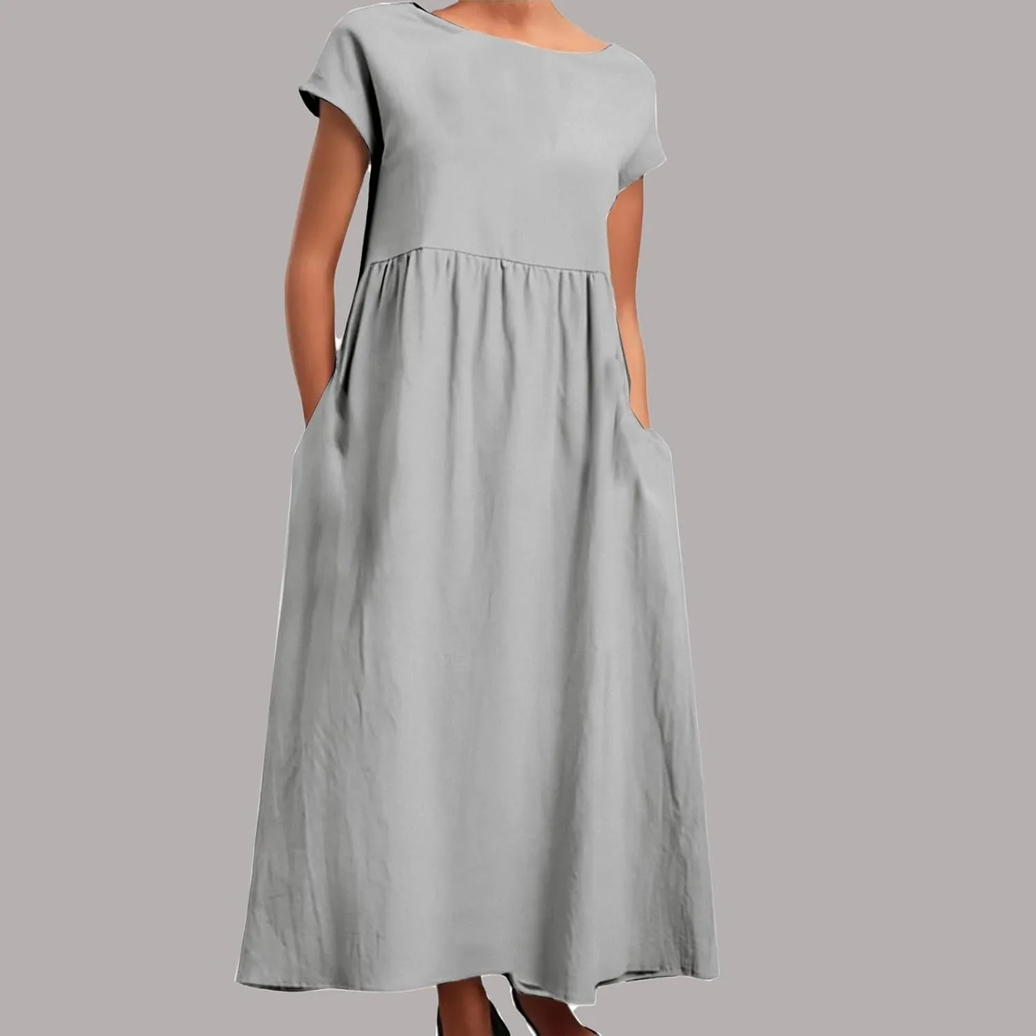 PTOLOCIF Women's Maxi Dress 2025 Summer Cotton Linen Long Dresses Solid Color Plus Size Loose T Shirt Dress with Pockets