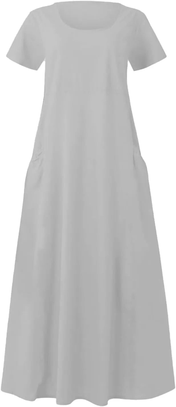 PTOLOCIF Women's Maxi Dress 2025 Summer Cotton Linen Long Dresses Solid Color Plus Size Loose T Shirt Dress with Pockets