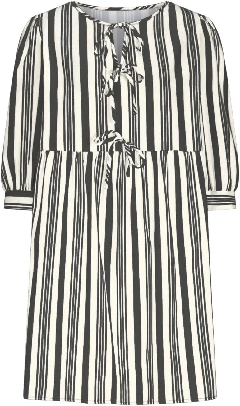 QIGUAND Cute Bow Tie Striped Mini Dress for Women Summer 3/4 Sleeve Casual Babydoll Dresses Elegant Keyhole Neck A-Line Dress
