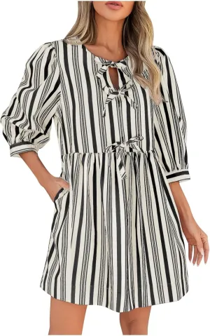QIGUAND Cute Bow Tie Striped Mini Dress for Women Summer 3/4 Sleeve Casual Babydoll Dresses Elegant Keyhole Neck A-Line Dress