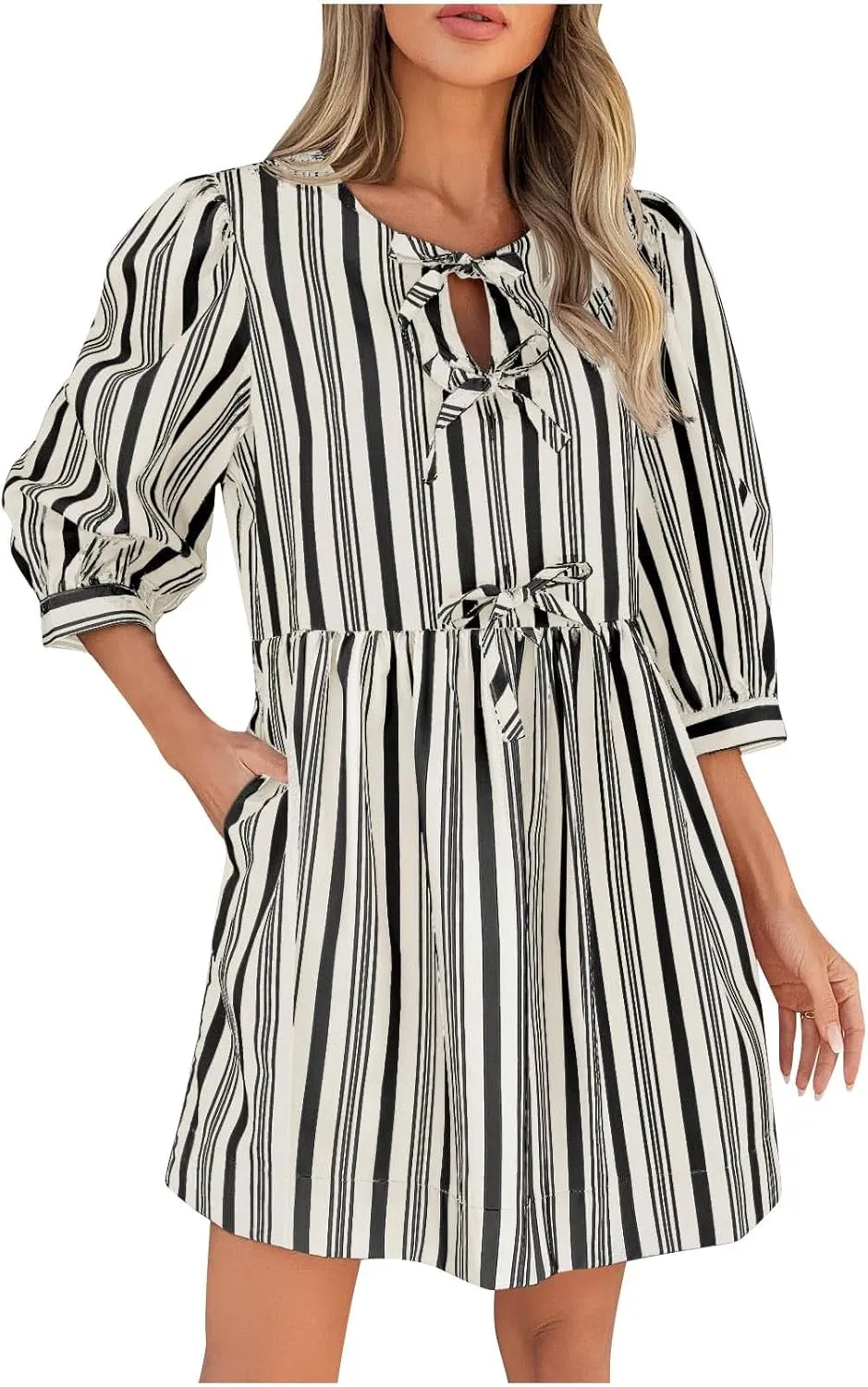 QIGUAND Cute Bow Tie Striped Mini Dress for Women Summer 3/4 Sleeve Casual Babydoll Dresses Elegant Keyhole Neck A-Line Dress