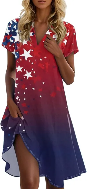 Red White and Blue Summer Dress for Women 4Th of July Midi A Line Dress Collared V Neck Short Sleeve Festival Outfits