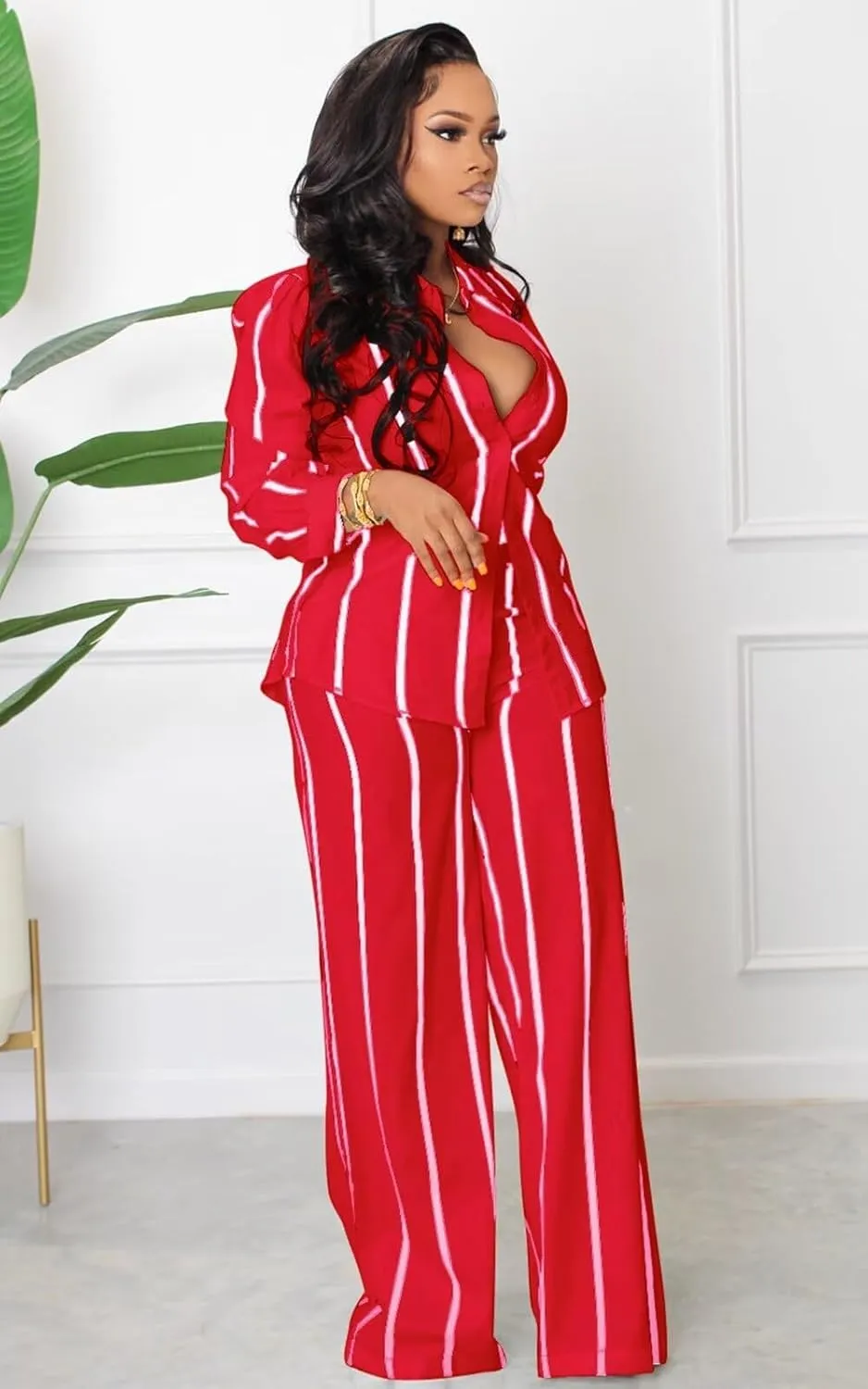 Remelon Women's Casual Two Piece Outfits Striped Long Sleeve Collar Button Down Shirt Blouse High Waist Wide Leg Pants Sets
