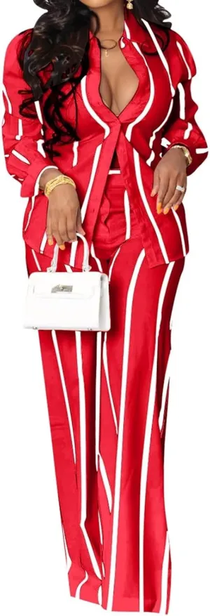 Remelon Women's Casual Two Piece Outfits Striped Long Sleeve Collar Button Down Shirt Blouse High Waist Wide Leg Pants Sets