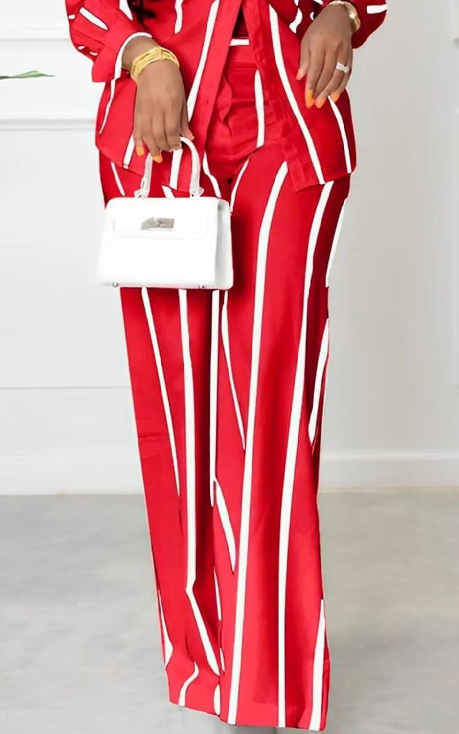 Remelon Women's Casual Two Piece Outfits Striped Long Sleeve Collar Button Down Shirt Blouse High Waist Wide Leg Pants Sets