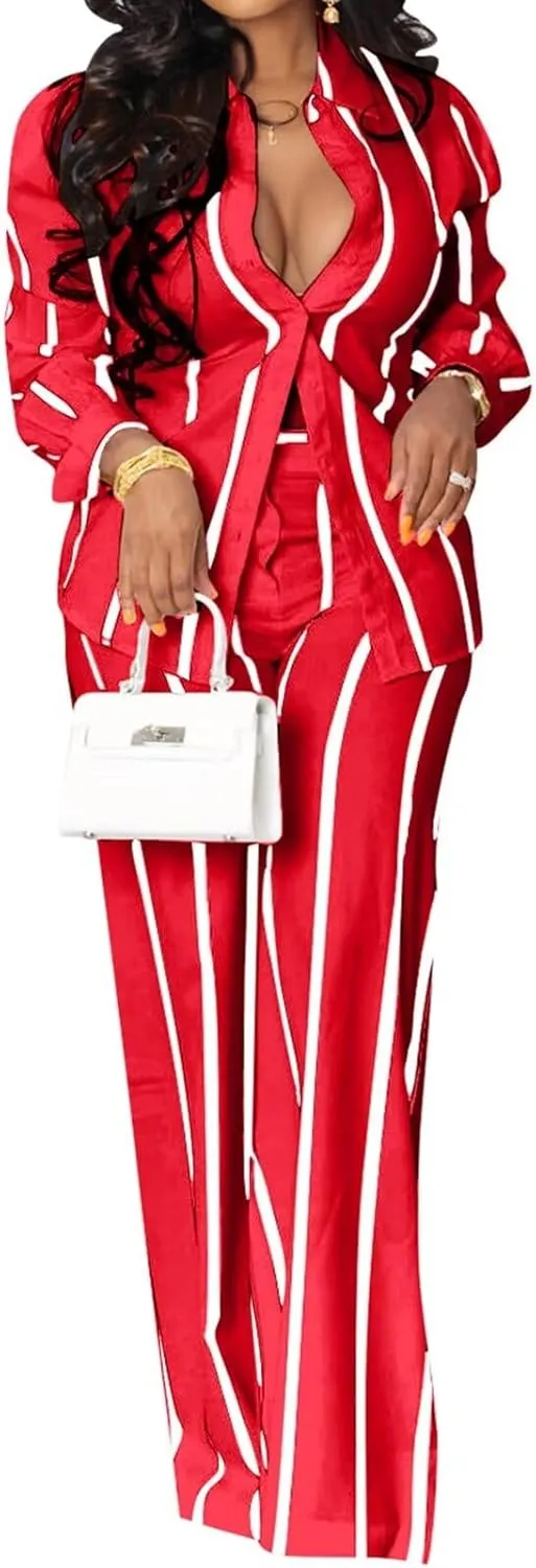 Remelon Women's Casual Two Piece Outfits Striped Long Sleeve Collar Button Down Shirt Blouse High Waist Wide Leg Pants Sets