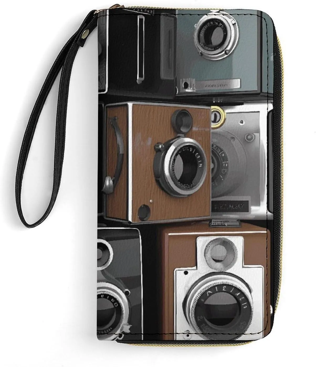 Retro Cool Camera Collection Wallet Leather Zipper Around Clutch Wallet Large Capacity Purse with Wristlet Strap