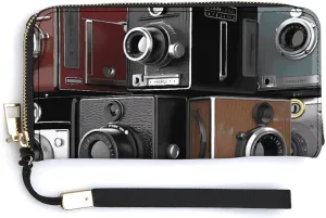 Retro Cool Camera Collection Wallet Leather Zipper Around Clutch Wallet Large Capacity Purse with Wristlet Strap