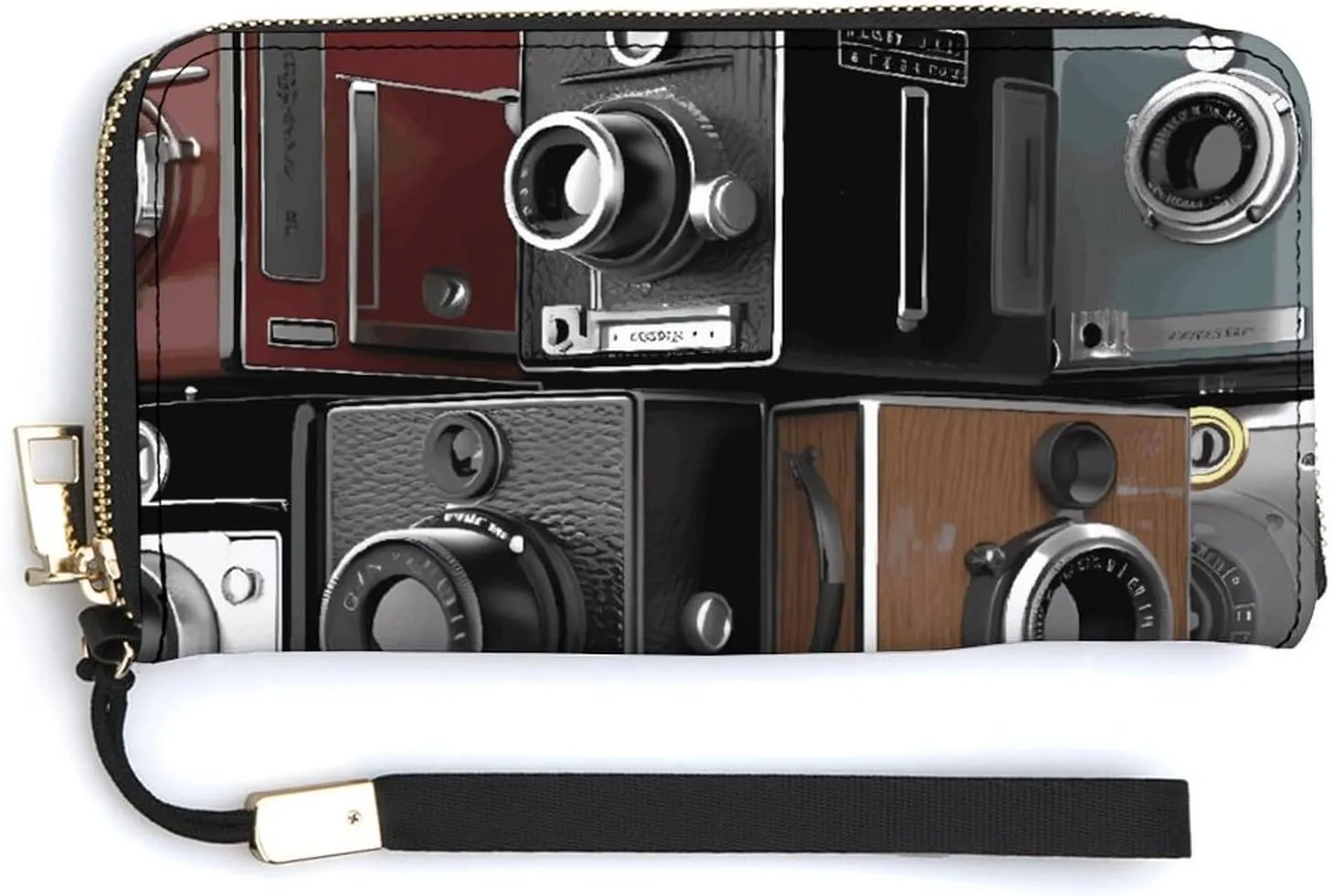 Retro Cool Camera Collection Wallet Leather Zipper Around Clutch Wallet Large Capacity Purse with Wristlet Strap