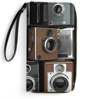 Retro Cool Camera Collection Wallet Leather Zipper Around Clutch Wallet Large Capacity Purse with Wristlet Strap