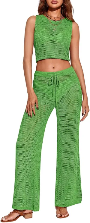 Saodimallsu Womens 2 Piece Crochet Swimsuit Cover Up Sleeveless Crop Top Drawstring Long Pants Set Beach Outfits