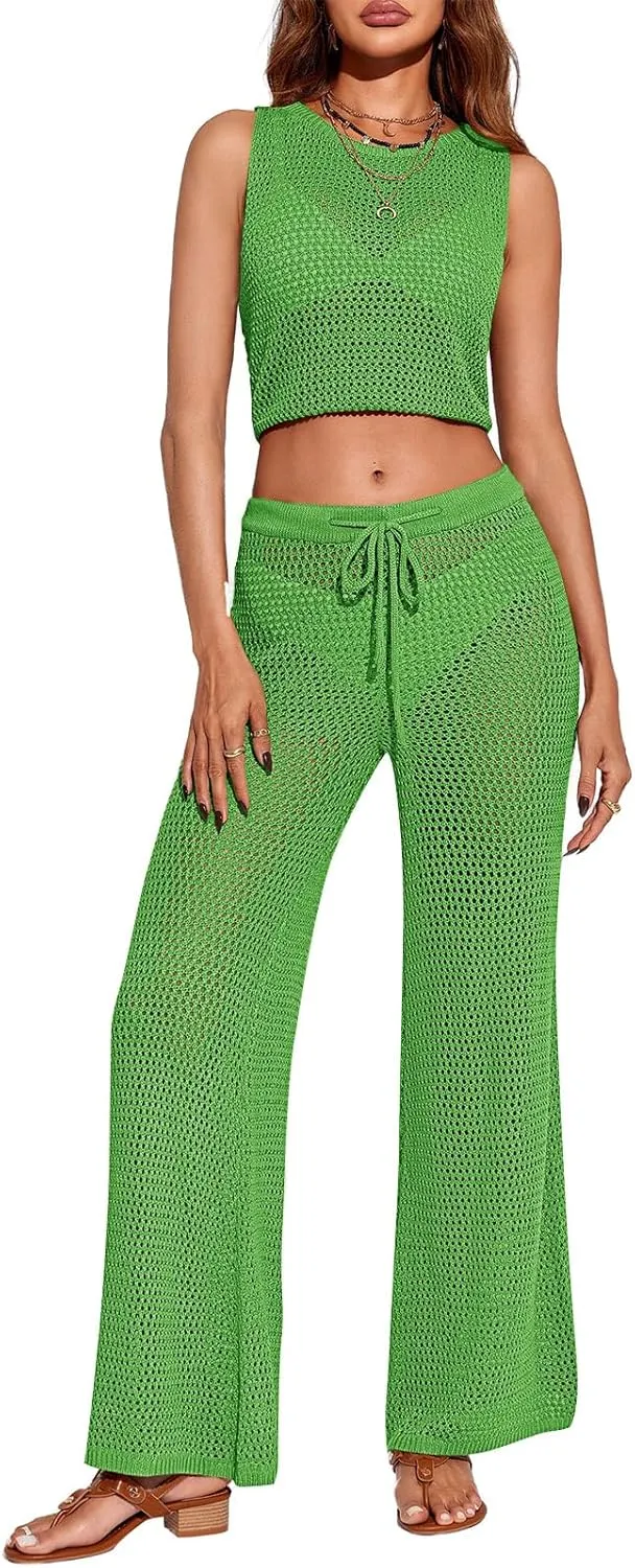 Saodimallsu Womens 2 Piece Crochet Swimsuit Cover Up Sleeveless Crop Top Drawstring Long Pants Set Beach Outfits