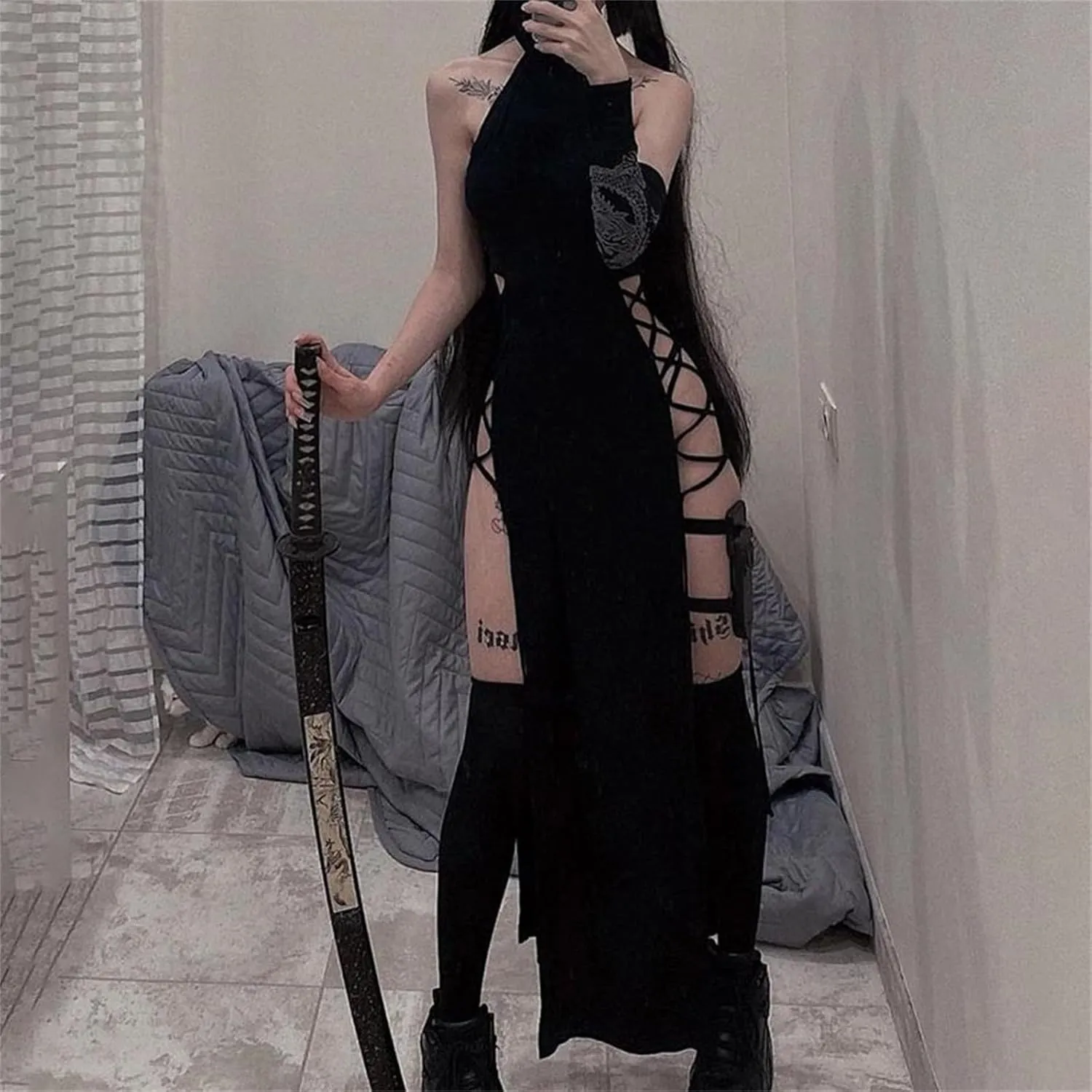 Sexy Witch Halloween Costumes for Women Bodycon Cut Out Dresses Double High Split Midi Dress Cross Bandage Gothic Costume
