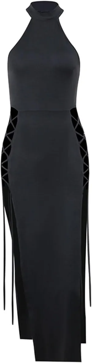 Sexy Witch Halloween Costumes for Women Bodycon Cut Out Dresses Double High Split Midi Dress Cross Bandage Gothic Costume