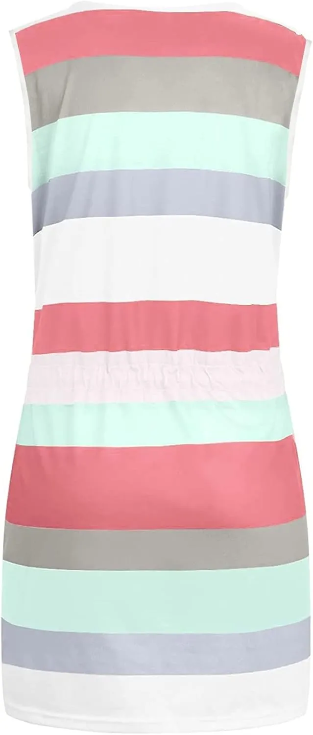 Slimming Dresses for Curvy Women Causal Summer 2024 Sleeveless Tank Dress Sexy v Neck Striped Mini Dress with Pockets