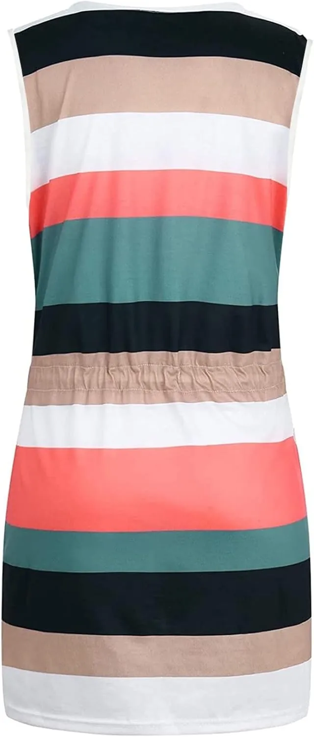 Slimming Dresses for Curvy Women Causal Summer 2024 Sleeveless Tank Dress Sexy v Neck Striped Mini Dress with Pockets