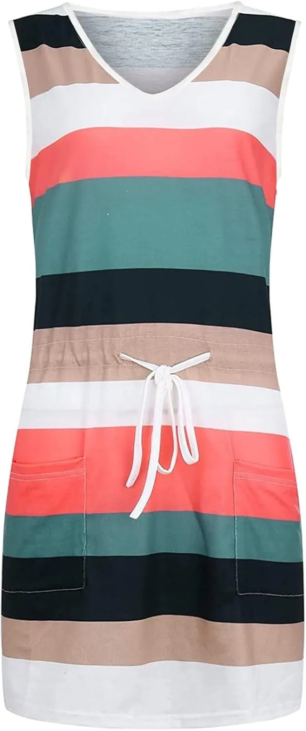 Slimming Dresses for Curvy Women Causal Summer 2024 Sleeveless Tank Dress Sexy v Neck Striped Mini Dress with Pockets
